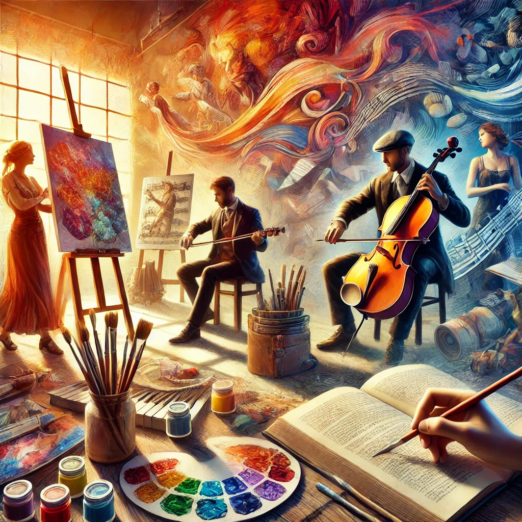 expressões artísticas de pintura, música e escrita em um ambiente criativo.